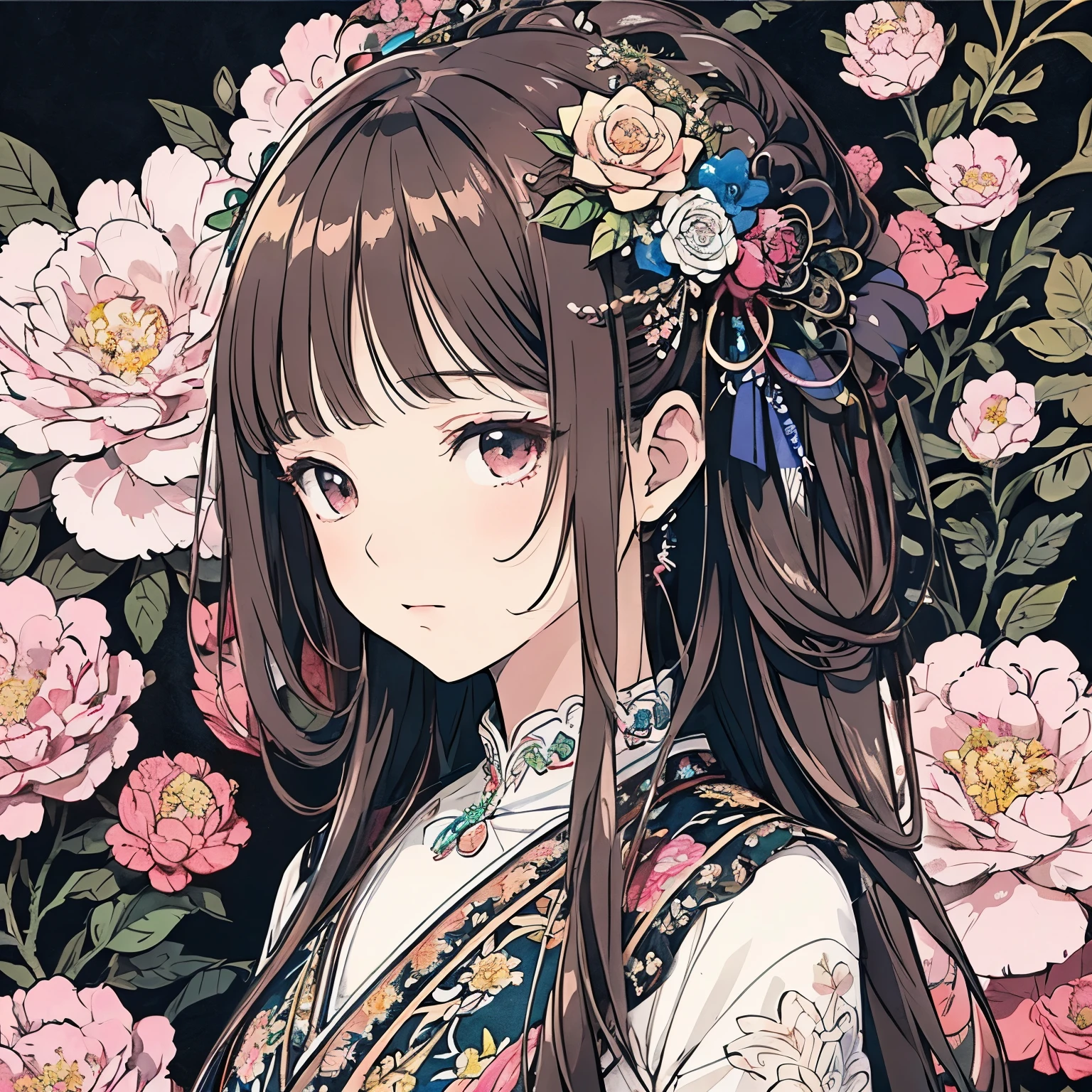 (masterpiece、 top quality、 top quality、 Official Art 、Beautiful aesthetic:1.2)、( one girl :1.3)、 very detailed、( fractal art :1.1)、(color:1.1) (Floral:1.3)、、Pen drawing、 zentangle、(Complex Lines)、(masterpiece)、( top quality:1.1)、( ultra-detailed)、 best illustrations、 Fine Details、 、 high contrast、( Clean lines :1.3)、( Portraits)、( very close up:1.1)、 girly fashion、 antique、あずきcolorと黒、 One girl 、solo、The girl is surrounded by flowers、(Exquisite depiction:1.3)、( Detailed Background :1.2)、( colorful background:1.1)、Sketched、Exquisite depiction、 high definition