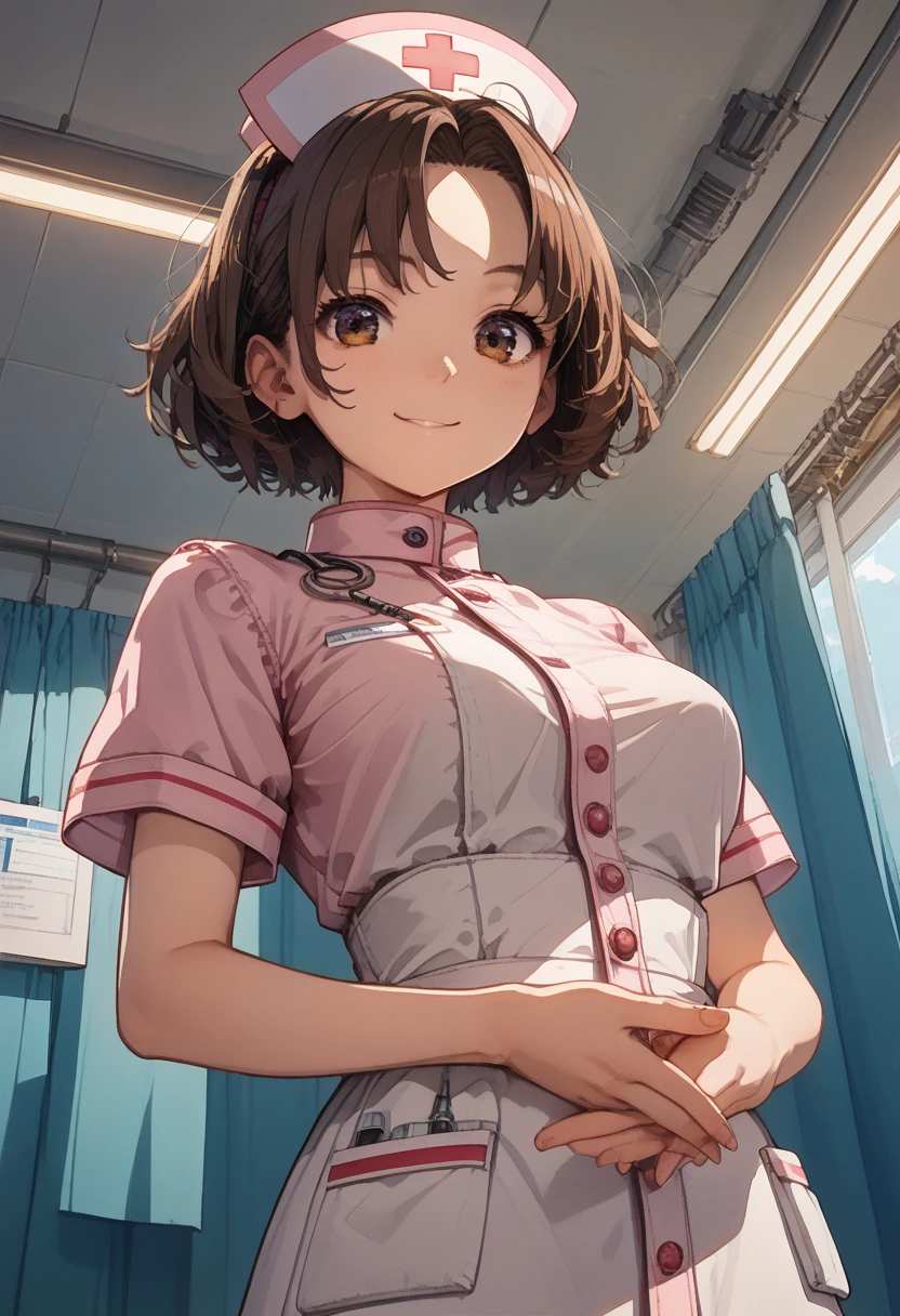 (score_9, score_8_up, score_7_up,source_anime,masterpiece:1.3),(intricate and detailed:1.2),vector-artstyle,best quality,Fine hair,intricate illustration ,ultra-detailed animation,1girl,Look At Viewer,faint smile,Provoke,Brown Hair,Messy Tip Hairstyle,okumura haru,Ao Dai,(nurse:1.3),(Bodysuits:0.8),(face seen through breasts:1.1),(sway back,arched back:1.2),own hands near waist,pov,hands focus,from below,ceiling,Dynamic angle