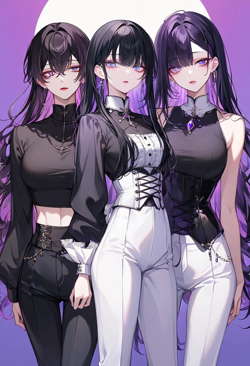 juvenile, long hair on background,Neutral, slender,Beautiful, bangs that cover the left eye, black hair,Hairstyle with steps ,Big butt ,Purple Eyes,Eyes that shine like jewels ,Iridescent iris, under eyes are red, gradation lips ,whole body,standing up corset,pants, black shirt,Red Makeup,絶世のBeautiful,male