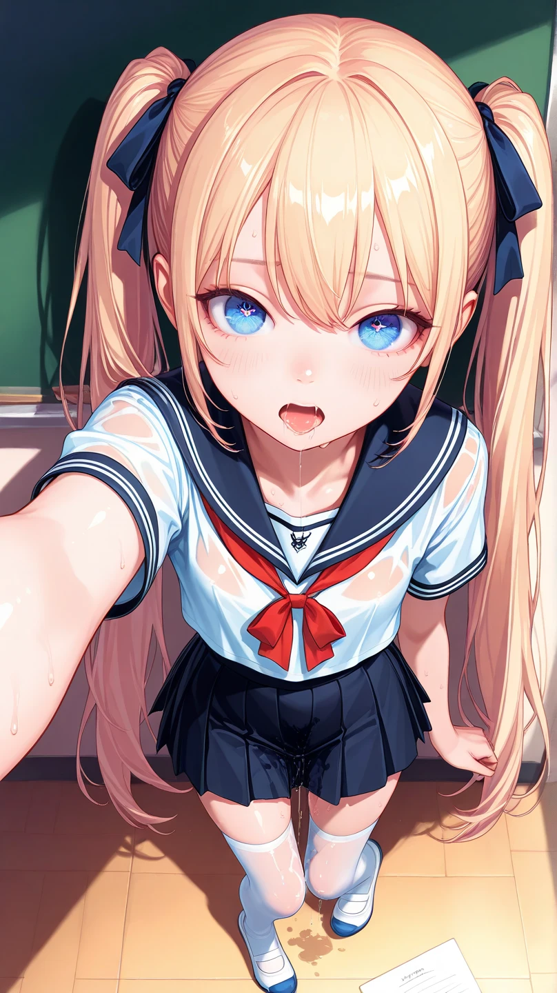 nsfw,（ Masterpiece ,  top quality, 8k, very aesthetic, Realistic detailed CG ,  sharp concentration,  Ultra High Definition, super detailed skin, detailed beautiful face and eyes),  1 woman, (school uniform, pleated skirt, and knee-high socks, see-through, hair ribbon), ( textured skin ,  beautiful skin,  perfect body, loli body, small, skinny,  realistic skin, flat chest), (blue eye, 輝く瞳, Princess Eye, baby face:1.2), (Beautiful blonde,  detailed hair, very long hair, twintails), (embarrassed, open mouth,  viewers showing their mouths), Captivating thighs, Skin with attention to detail, (School, classroom, At night), (shiny skin:1.3, covered erectile nipples, nipples through), (full body:1.3), (from above:1.3, Selfie:1.5), (saliva trail:1.3, drooling), (Flowing sweat:1.3,  wet skin:1.3, slimy body:1.3, pussy juice:1.3)