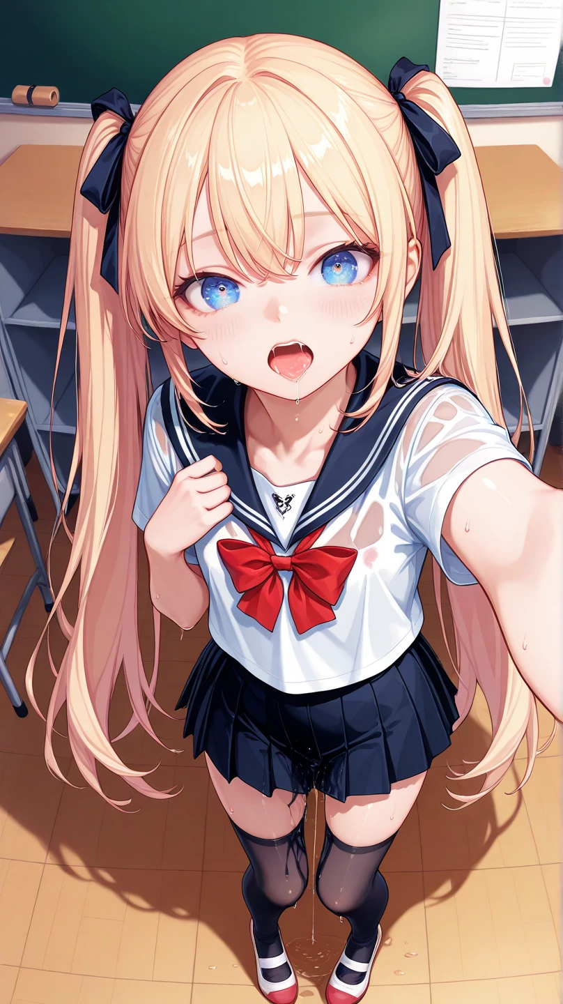 nsfw,（ Masterpiece ,  top quality, 8k, very aesthetic, Realistic detailed CG ,  sharp concentration,  Ultra High Definition, super detailed skin, detailed beautiful face and eyes),  1 woman, (school uniform, pleated skirt, and knee-high socks, see-through, hair ribbon), ( textured skin ,  beautiful skin,  perfect body, loli body, small, skinny,  realistic skin, flat chest), (blue eye, 輝く瞳, Princess Eye, baby face:1.2), (Beautiful blonde,  detailed hair, very long hair, twintails), (embarrassed, open mouth,  viewers showing their mouths), Captivating thighs, Skin with attention to detail, (School, classroom, At night), (shiny skin:1.3, covered erectile nipples, nipples through), (full body:1.3), (from above:1.3, Selfie:1.5), (saliva trail:1.3, drooling), (Flowing sweat:1.3,  wet skin:1.3, slimy body:1.3, pussy juice:1.3)