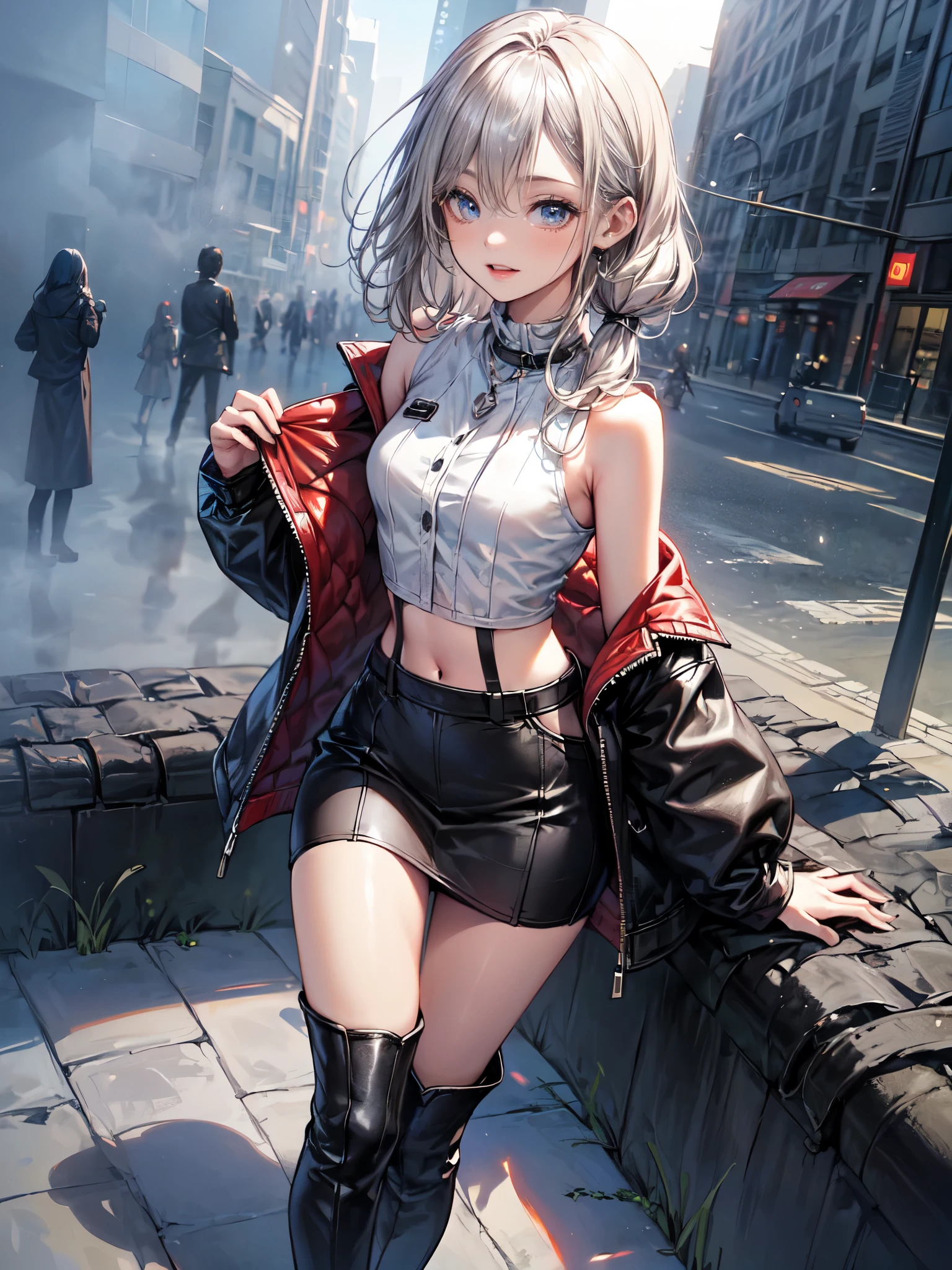Dynamic posing, dynamic angle,Top quality work，Show Legs,8K, photo image, masterpiece,super resolution ,(long silver hair with purple ends),(purple eyes), lovely red lips, 8K quality, Pale light and shadow, Dindal effect, Very bright white background, 1 girl,lovely red lips, ( only black Cropped strappy top),((mini denim skirt in vintage dark grey wash, raw frayed hem and low rise waist)), punk boots, (torn pantyhouse), (at the tokyo street),small round chest,full-body view，16yo,(building in the background)