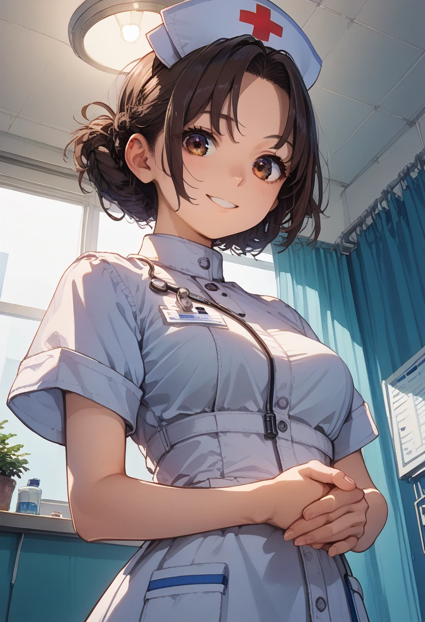 (The Ultimate Beautiful Japan young Woman), hyper-detailed face, Detailed lips, (big eye:1.4), Double eyelids, Short brunette hair, (grin)、(White Molded Teeth), (cparted lips), ((Wearing a nurse's white uniform:1.4))、((large full breasts)), thighs thighs thighs thighs、(Cowboy Shot:1.3), Perfect fit, depth of fields、Perfect image realism、Meticulous background, detailed costume, Perfect litthing、Hyper-Realism、Photorealsitic、8K maximum resolution, (​masterpiece), ighly detailed, Professional, hospital , wear closed 