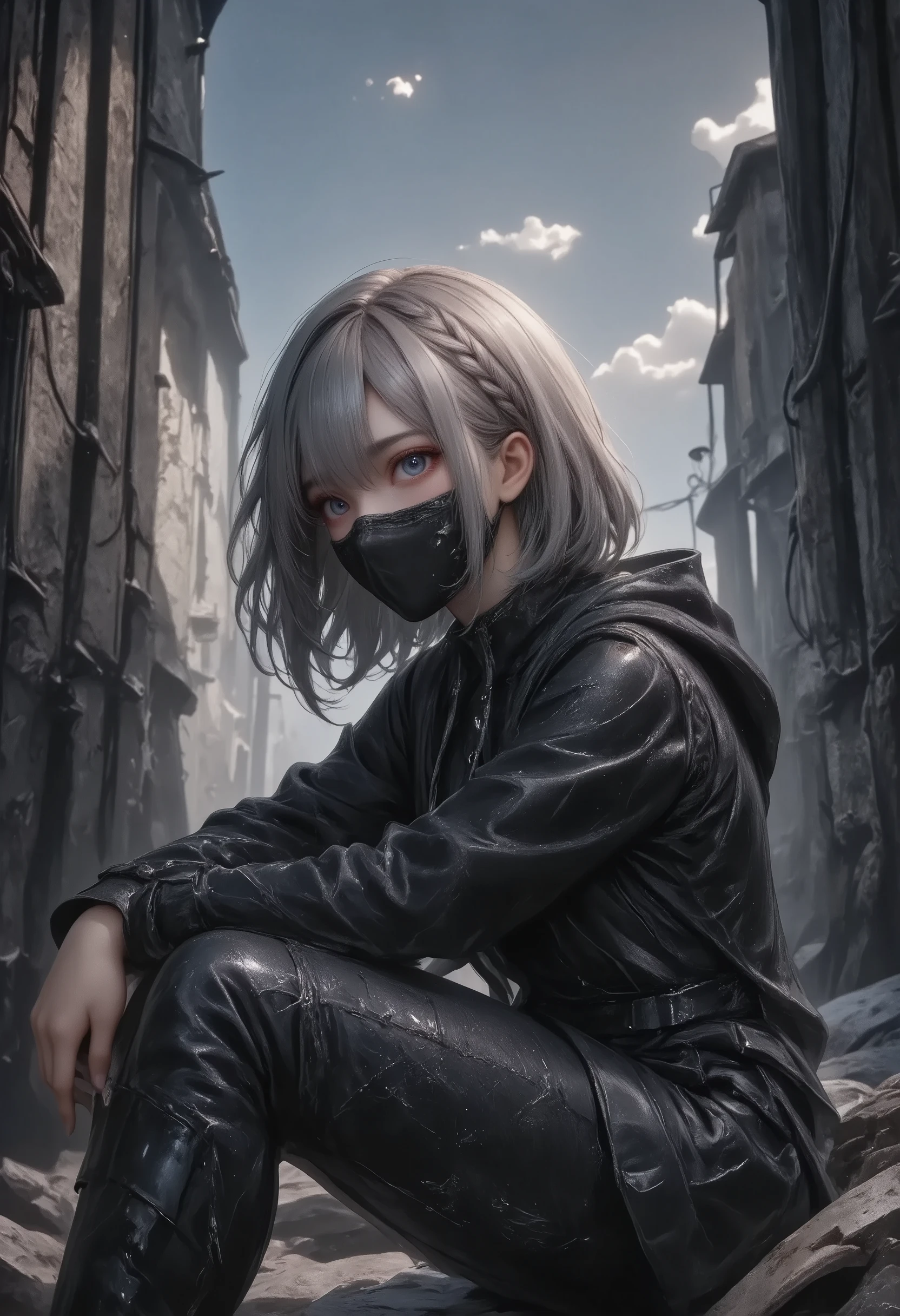 dark gothic illustration,realistic photo like,streetwear, girl, black hoodie, face mask,sitting on stairs, urban alley background, tactical boots, dystopian vibe, casual yet edgy, cyberpunk atmosphere, minimalist color scheme, mysterious expression, grunge aesthetic, urban decay, subtle lighting, detailed shadows, cool and relaxed pose, cityscape wires, muted tones