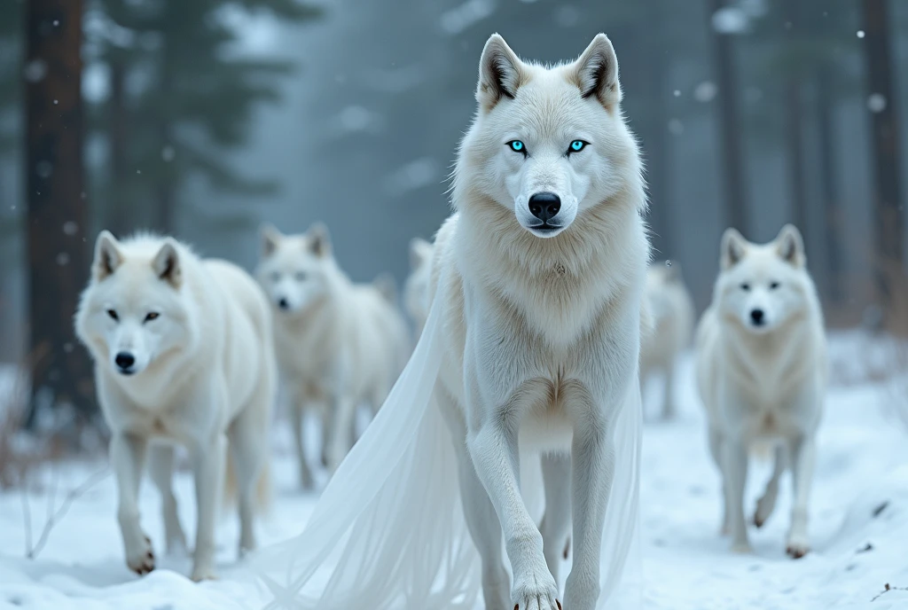  ((Masterpiece, Top Quality, High Resolution, Photorealistic, Extremely detailed CG unified 8k wallpaper)), (huge stunning goddess shot, very hot and sexy, jaw-dropping beauty, perfect proportions, beautiful body, slim body beauty:1.4), Female wolf with pack of werewolves, queen of wolf clan, platinum hair, pearl skin, ice-blue glowing eyes, white wolf ears, (walking with fur coat, white coat, white lace sheer dress, high neck, high heels), in snowy forest, hunting time,