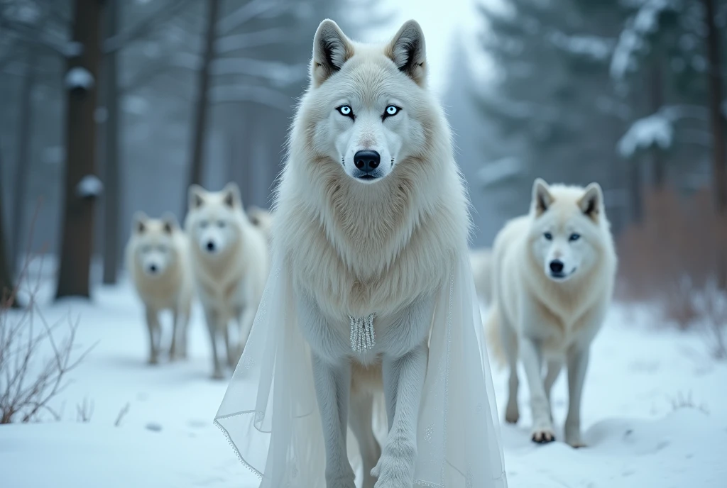  ((Masterpiece, Top Quality, High Resolution, Photorealistic, Extremely detailed CG unified 8k wallpaper)), (huge stunning goddess shot, very hot and sexy, jaw-dropping beauty, perfect proportions, beautiful body, slim body beauty:1.4), Female wolf with pack of werewolves, queen of wolf clan, platinum hair, pearl skin, ice-blue glowing eyes, white wolf ears, (walking with fur coat, white coat, white lace sheer dress, high neck, high heels), in snowy forest, hunting time,