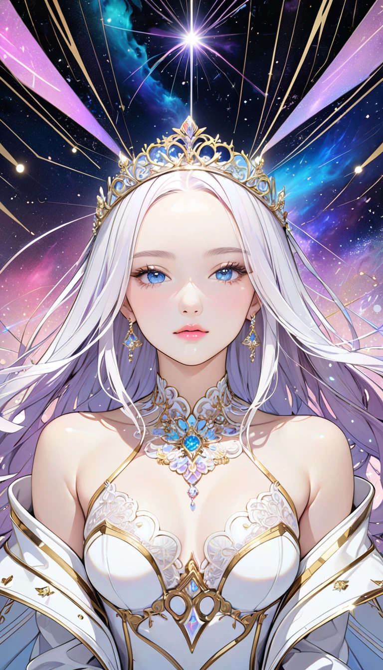 (masterpiece,  top quality, beautifully refined :1.2, 8k,  high image quality), The most beautiful form of a goddess, Open the top slightly,  Beautiful Slender Blue Eyes ,  small pink lips , Brilliant Beautiful Face ,  Anatomically Beautiful Body ,  accurate drawing of hands , small platinum tiara,  earrings, Jewelry,  shiny skin,  high definition , (White coat gold lines:1.2), Milky Way, nebula, Celestial Bodies,  shooting stars, Streaks of light,  bright color,  pastel colors,  Detailed Animated Illustration Art with Backgrounds, 