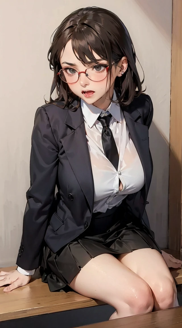 Nipples, open chest, Tights, mini skirt, belt, long light hair, With your legs apart,, is sitting, Emphasis on large breasts, detailed chest, glasses, Big hips, ponytails, slope, wants ???, charming face, night, bows, a beautiful korean woman, idol, Beautiful face, sitting on bent knees, white red black colors, Perfect body, bright lips, glitter 
