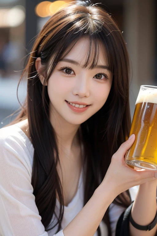  drinking beer , gaze,  smiles,  cute Japanese woman in her 20s holding a beer bottle in one hand, background blur , 