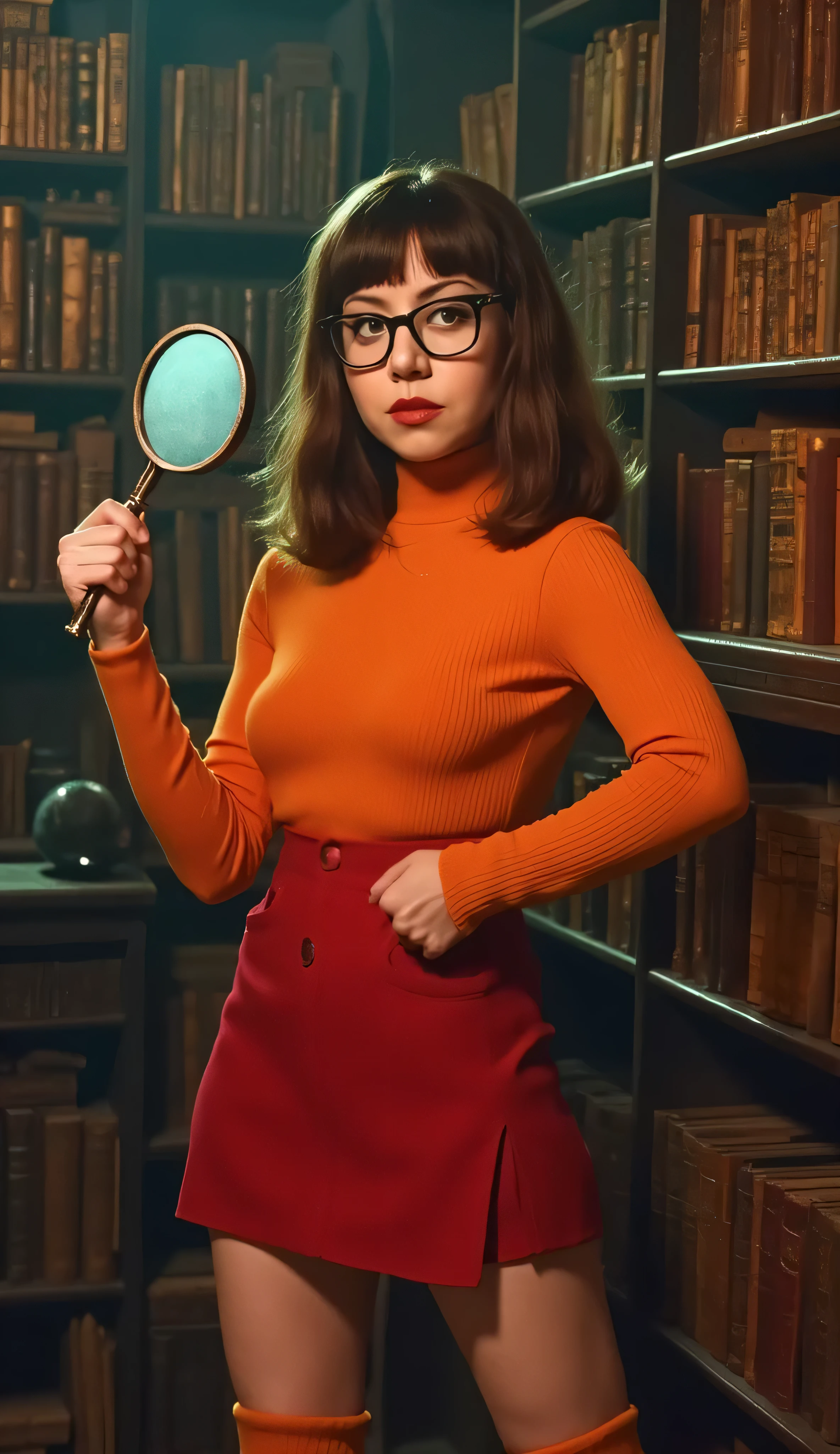 orange turtleneck sweater, red short skirt, orange leg warmer, short straight bob haircut with bangs, square glasses, quirky sarcastic demeanor, confident expression, slightly mischievous expression, holding magnifying glass, uncovering a mystery, spooky library, ancient books, glowing artifacts, cobwebs, mysterious humorous atmosphere, intricate details, highly detailed