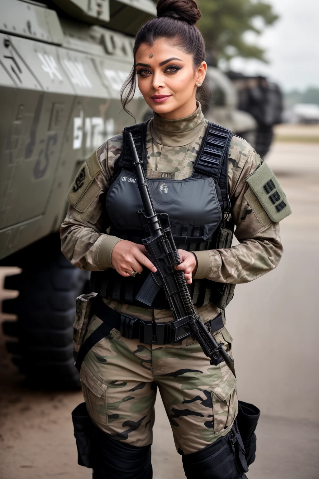 ((​masterpiece、top-quality、realisitic、ultra-detailliert、hight resolution、Photorealsitic、foco nítido、lighting like a movie))、Stunning portrait of a beautiful woman、bustshot、Focus from the chest up、sad Facial expression、Beautiful detailed eyeedium Hair、Army camouflage uniform、Camouflage Tactical Vest、Long trousers with camouflage pattern、Combat gloves、rucksack、Black Military Undershirt, White smoke、Detailed hand depiction、Latina, Gaza city in the backgorund, large breast