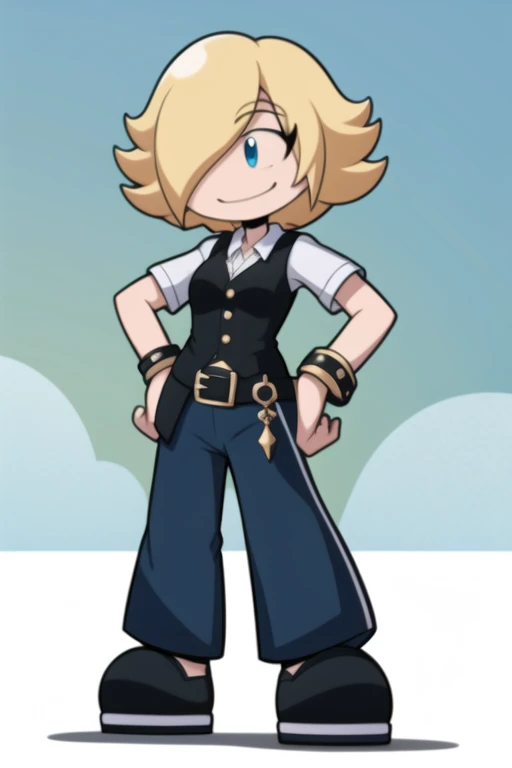 Rosalyn Williams, white collared shirt, dark blue buttoned vest, black braclets, black belt, gray pants, black shoes, white short sleeves, blue eyes, eye lashes, short blonde hair, smile, hands on hips, full body