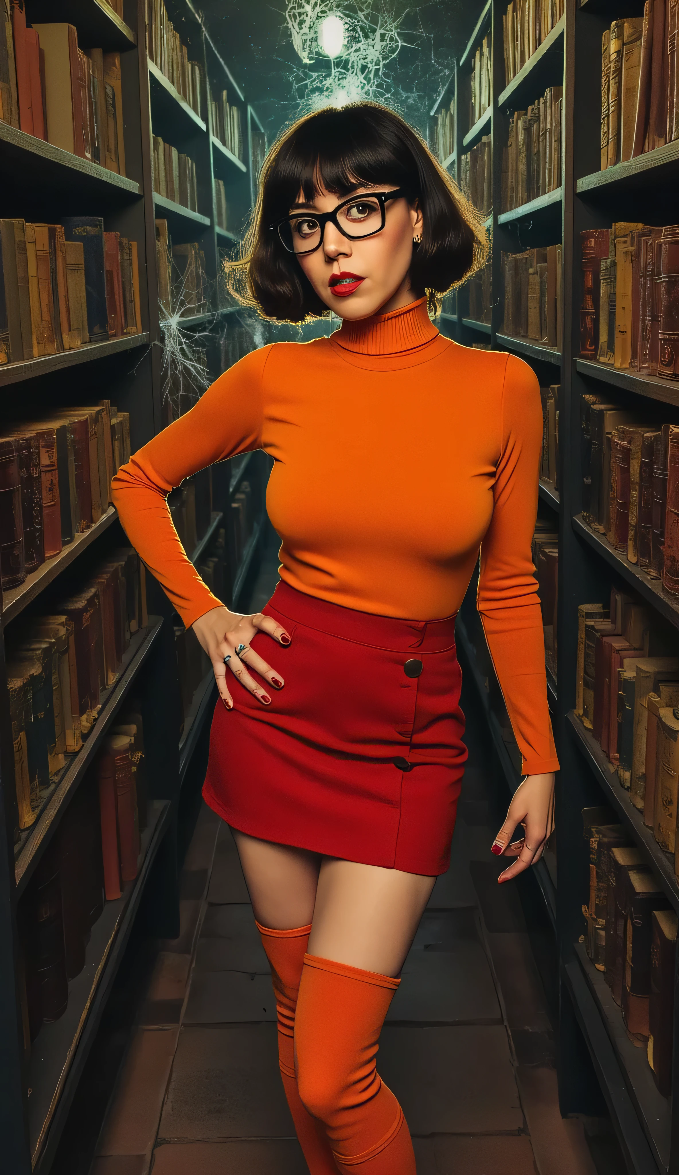 orange turtleneck sweater, red short skirt, orange leg warmer, short straight bob haircut with bangs, square glasses, quirky sarcastic demeanor, confident expression, slightly mischievous expression, holding magnifying glass, uncovering a mystery, spooky library, ancient books, glowing artifacts, cobwebs, mysterious humorous atmosphere, intricate details, highly detailed