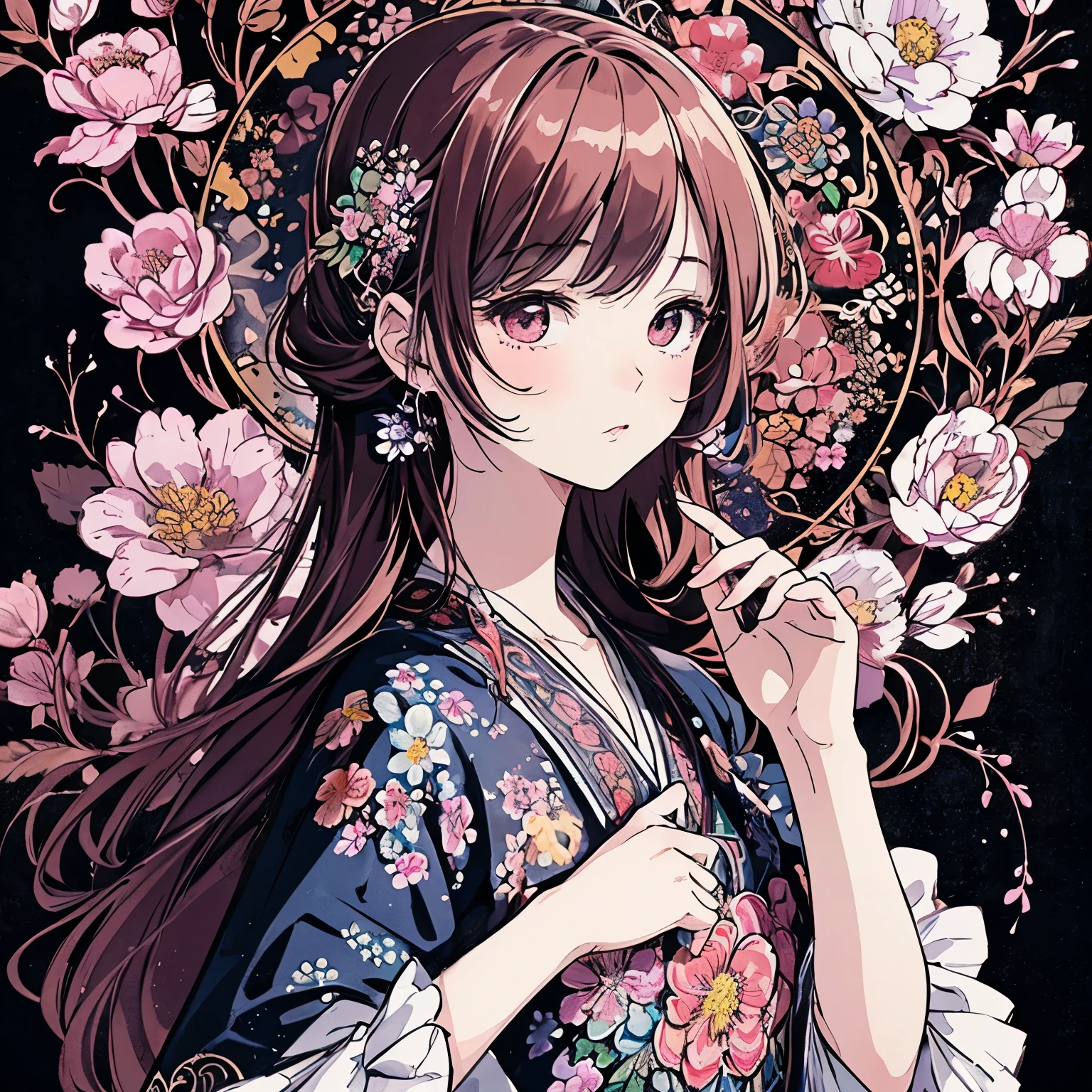 (masterpiece、 top quality、 top quality、 Official Art 、Beautiful aesthetic:1.2)、( one girl :1.3)、 very detailed、( fractal art :1.1)、(color:1.1) (Floral:1.3)、、Pen drawing、 zentangle、(Complex Lines)、(masterpiece)、( top quality:1.1)、( ultra-detailed)、 best illustrations、 Fine Details、 、 high contrast、( Clean lines :1.3)、( Portraits)、( very close up:1.1)、 girly fashion、 antique、藤colorと黒、 One girl 、solo、The girl is surrounded by flowers、(Exquisite depiction:1.3)、( Detailed Background :1.2)、( colorful background:1.1)、Sketched、Exquisite depiction、 high definition