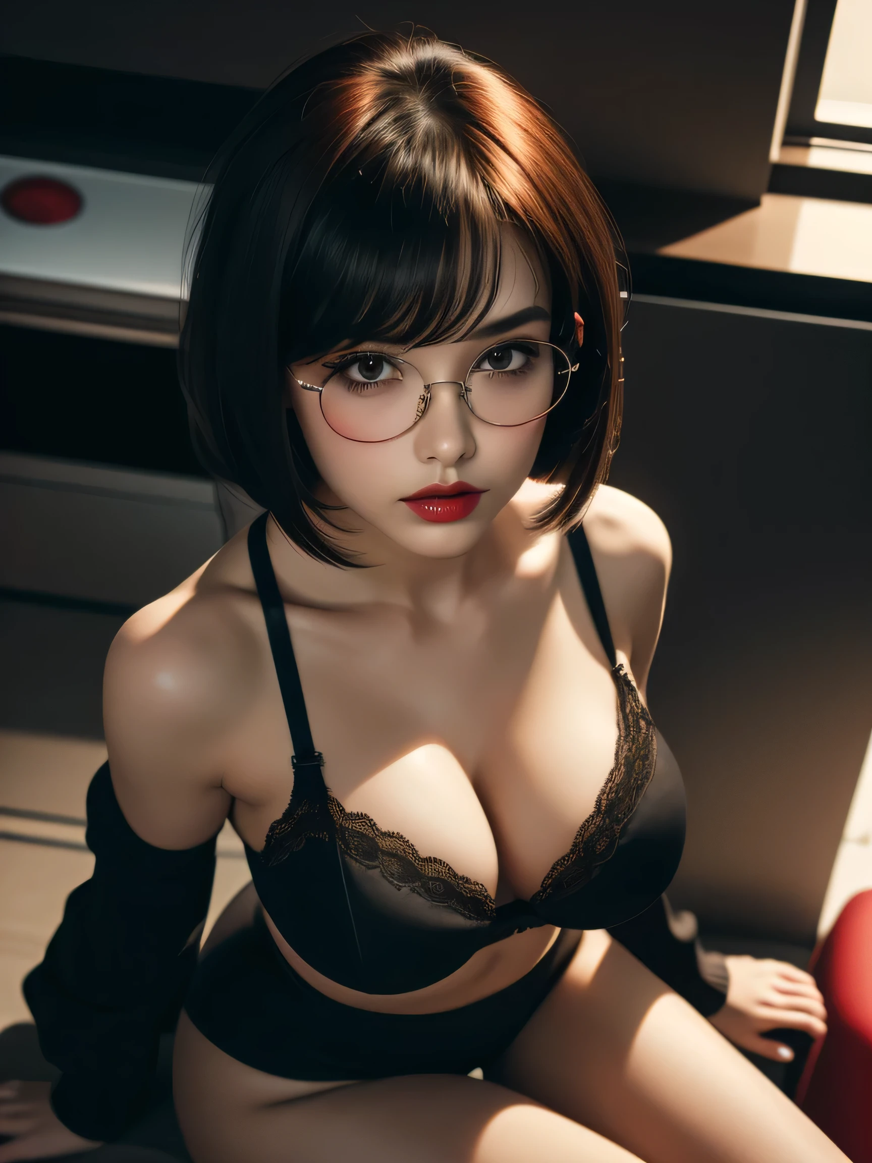 ((masterpiece, best quality, ultra-detailed, ultra-HD, photorealistic, cinematic)), (close-up camera shot, from below:1.2), (twerking, sensual pose), (alluring and voluptuous female as Velma Dinkley:1.2), perfect anatomy, perfect face, proportioned hands, (deep shade of auburn with a slight natural wave hair color, chin-length bob with blunt bangs hairstyle:1.3), (retro-chic style outfit, knee-length and maroon turtleneck dress), (a matching maroon belt that cinches at her waist:1.2), (thick-framed black square glasses), (wears knee-high, mustard-yellow socks that peek out just above her brown, sensible lace-up shoes), (sports a delicate, gold pendant necklace with a small magnifying glass charm), (vibrant orange cardigan slung over her shoulders), she is in a haunted house, creepy house, scary house, scary mansion, dark stairs