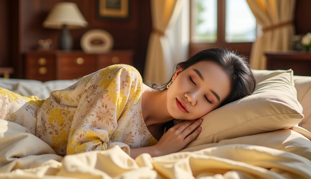 A realistic picture, in the great hall of a magnificent palace, a beautiful korea woman dressed like a princess is sleeping soundly on her back on a large bed, both hands resting on her chest, warm natural light streaming in through the side window, Photorealistic, 16k, photography, masterpiece, detailed face, detailed eyes, detailed lips,