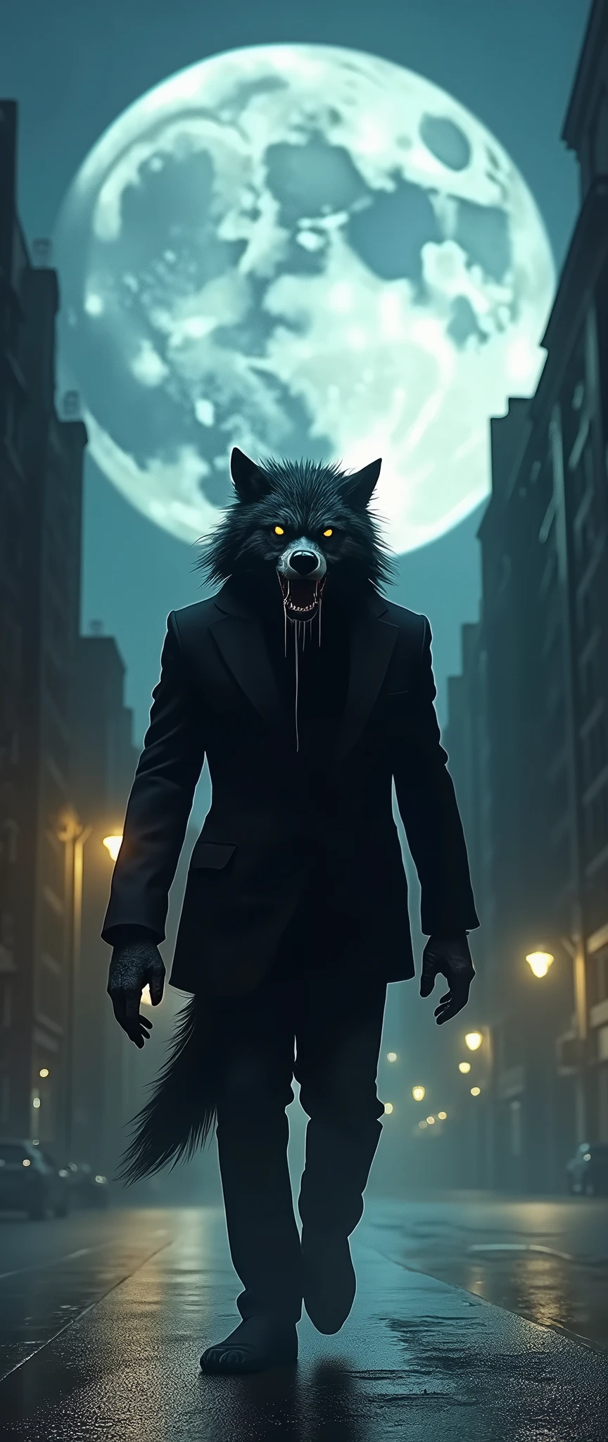 (masterpiece,  High Quality ,  high definition ,  Golden Ratio ,  movie lighting, 8k, Yuge ), full body, front view, front angle, (((A very big full moon high in the sky))),of(((Late Night,Wolf Guy wandering around the city ))), ((Shining Eyes)), (( wide open mouth)), (( sharp fangs)), ((Dripping Saliva )), (( black suit)), Novelist KAZUMASA _HIRAI taste