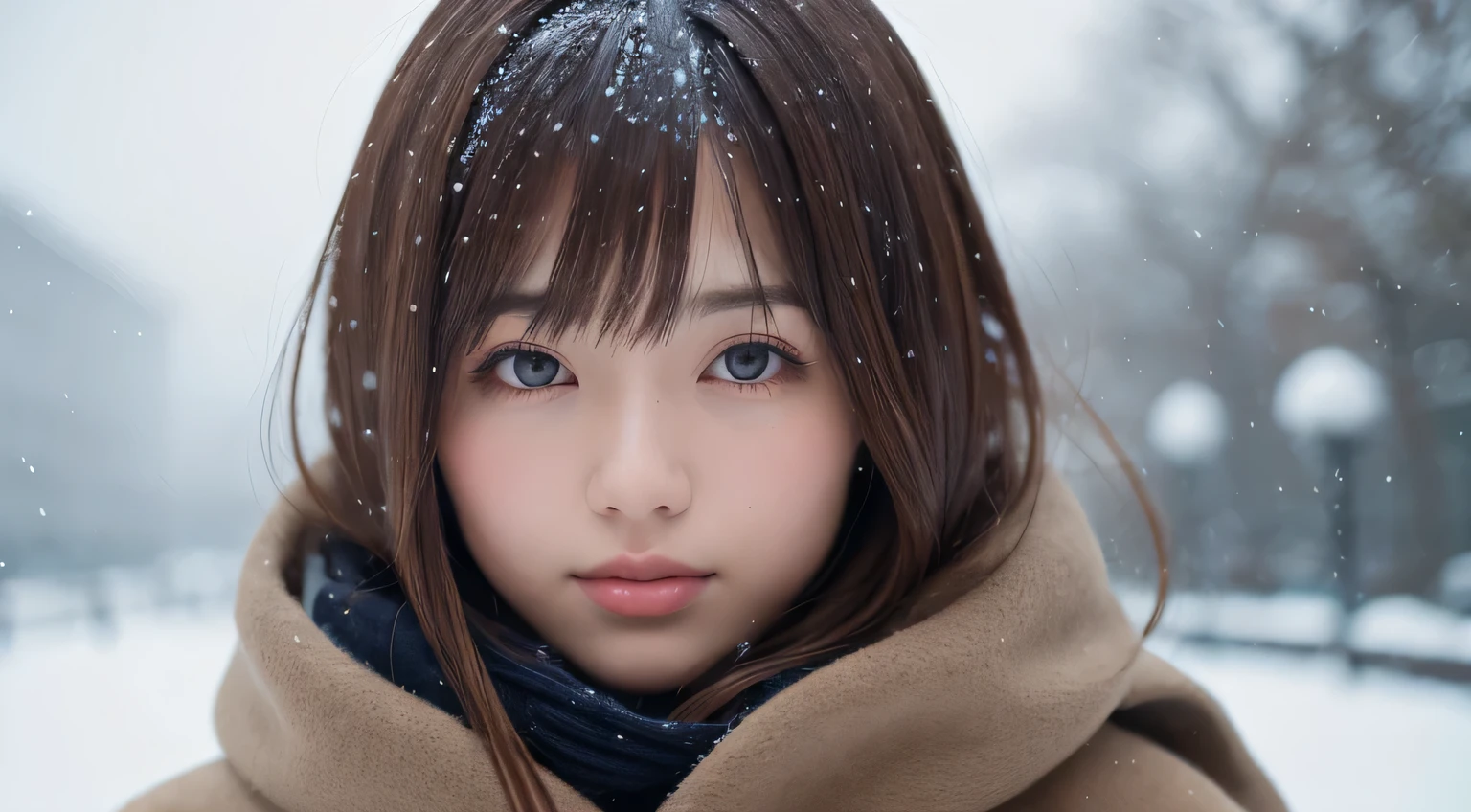 ((hair blowing in the wind、no makeup:1.2))、(realistic、Photoreal、Super detailed、best detailed skins、highest quality、masterpiece、超A high resolution)、cute russian woman、14 years、high school girl、young girl、1 girl、have bangs、ash blonde:1.7、double eyelid、drooling eyes、Japanese style face、purity、realistic skin type、thick muffler、Gray muffler、fluffy hair、((There'hair in scarf:1.3))、red cheeks、The wind is blowing、that'It's snowing、night、illumination、Lighting from behind、hair blowing in the wind、((Stargazing in Antarctica、A world view of the aurora))