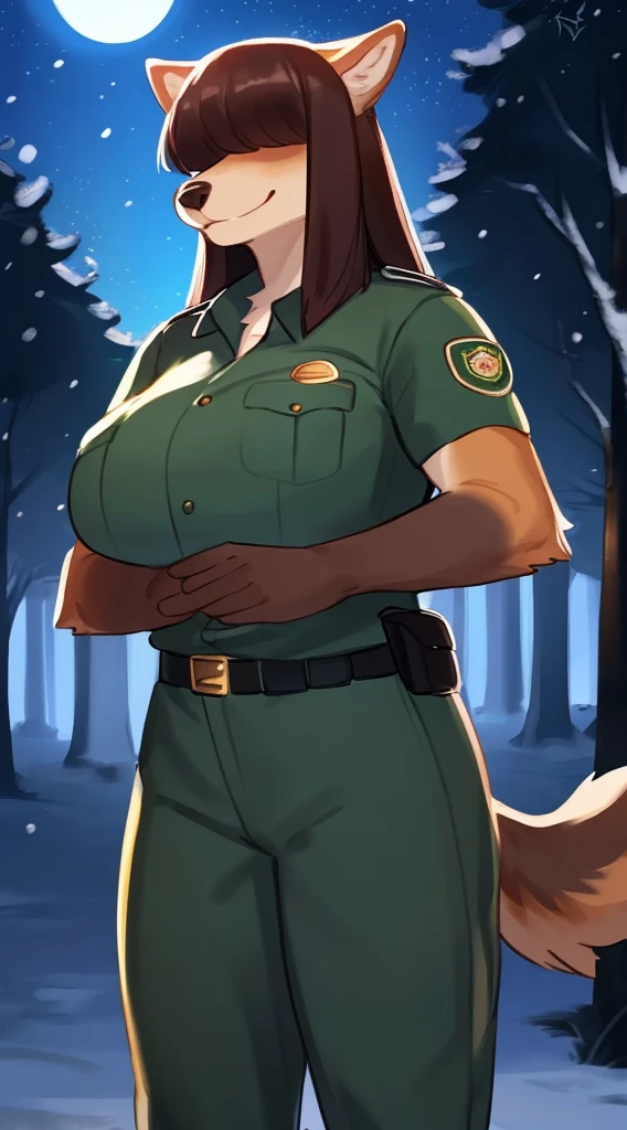 By bebebebebe, by lostgoose, by goonie-san, female, ((canine, snout, hair covering eyes, straight hair, medium hair, flat hair, ears, thin snout)), brown fur, big poofy tail, raised tail, dark maroon hair, (muscular, big breasts), solo, smiling, happy, standing, (park ranger uniform), forest, (blushing, biting lip, cleavage), snow, snowing, night time, moon
