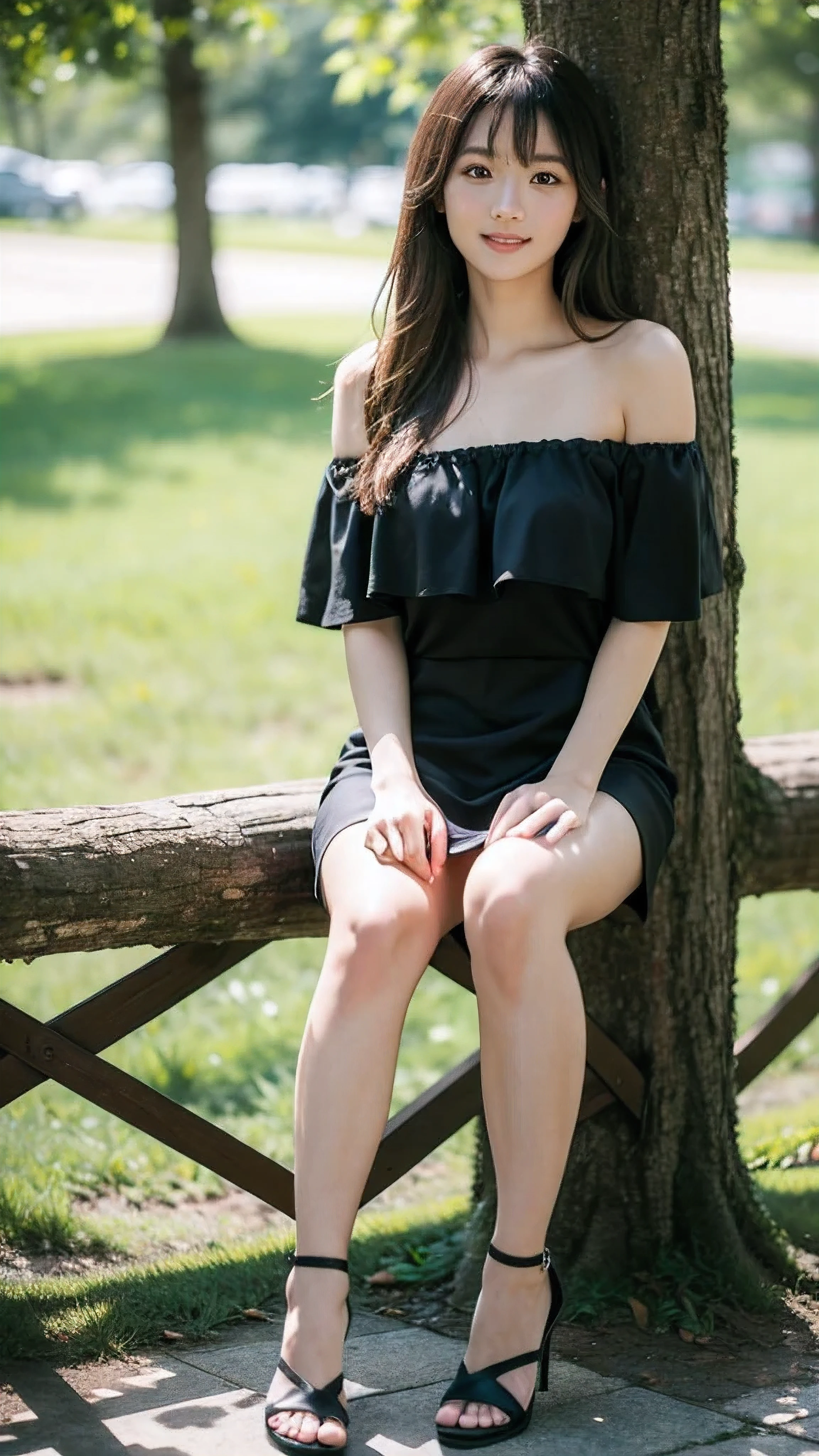 Zendaya, sitting at the grass, wearing dress, smirk
