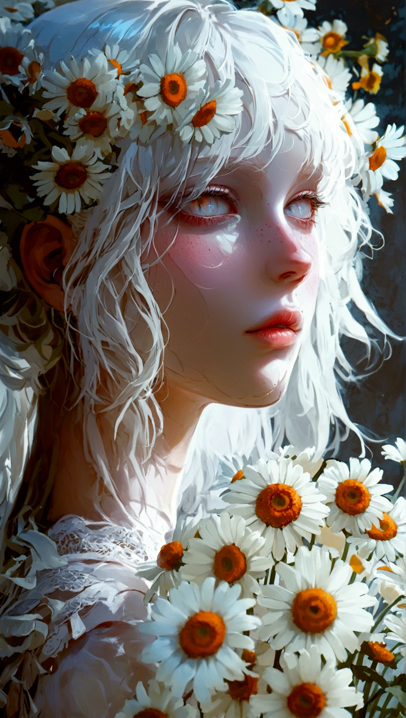  blonde woman with long white hair holding a bunch of daisies, pale white face,  Pale porcelain white skin ,  Girl with white hair , aesthetic portrait,  pale white skin , pale woman, Giant white daisy flower face , Head made of giant daisies,  pale hair , Albino  pale white skin , pale ivory skin, with long white hair, pale ivory skin, with pale skin