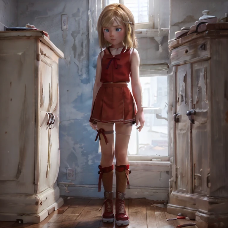 A stylized 3D character of a young woman in a T-pose. She has blonde hair with a red ribbon tied around her head and straight bangs. She wears a simple white sleeveless dress and thigh-high white stockings. Her footwear consists of black combat boots with bright red laces. The character has a cartoon-like appearance with exaggerated features, including large blue eyes, and is set against a solid black background