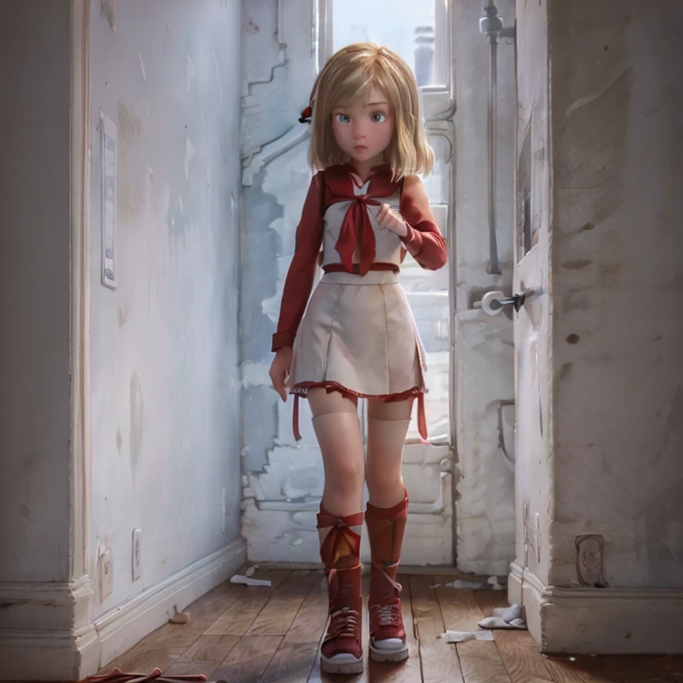 A stylized 3D character of a young woman in a T-pose. She has blonde hair with a red ribbon tied around her head and straight bangs. She wears a simple white sleeveless dress and thigh-high white stockings. Her footwear consists of black combat boots with bright red laces. The character has a cartoon-like appearance with exaggerated features, including large blue eyes, and is set against a solid black background