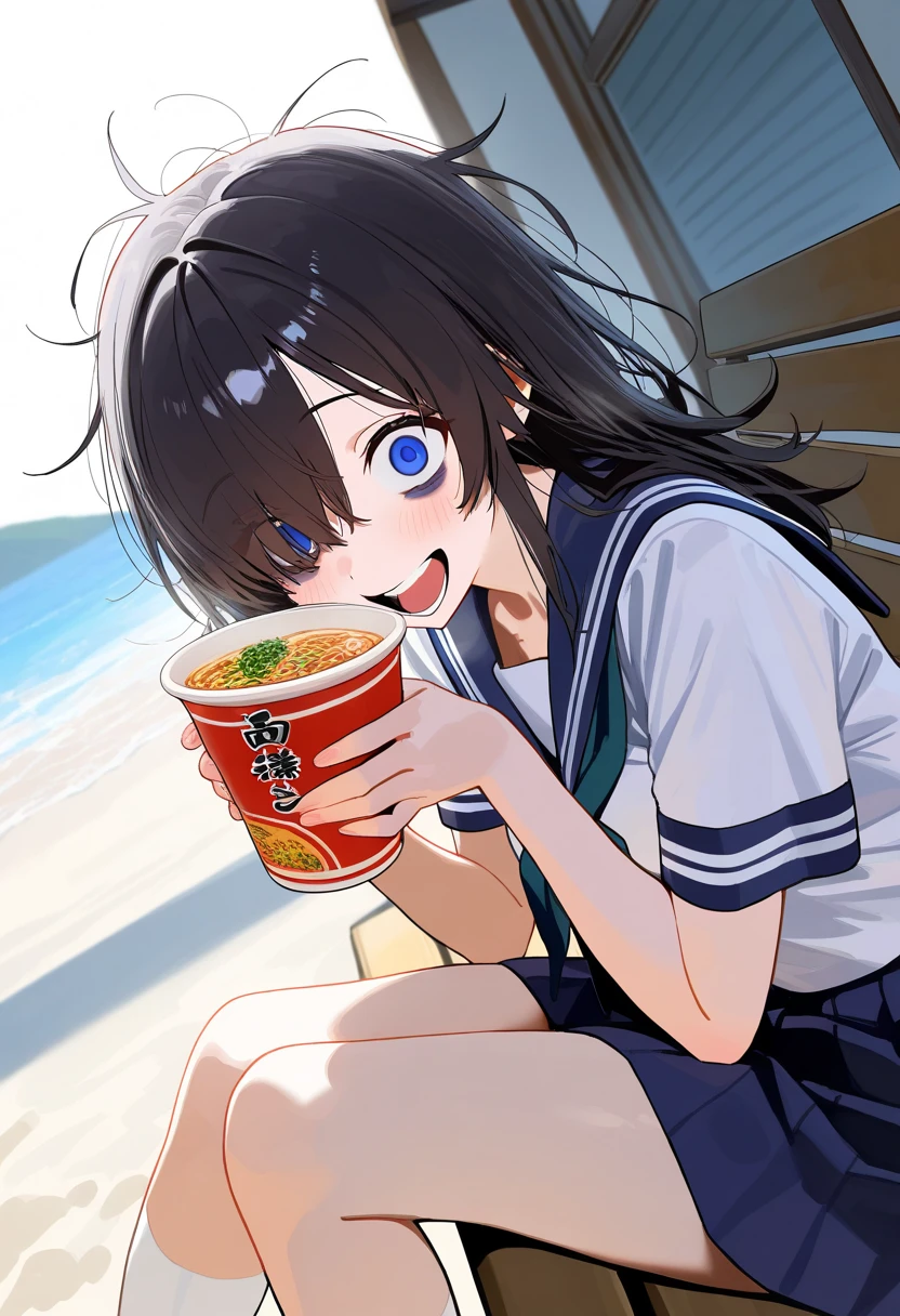 some Girls、12 years old、Ocean、Sandy Beach、Summer sun、School Swimsuit、slender、Detailed face、Detailed Hair、Clear skin、Looking at this、Whole body composition、Shot from below、Wet body、Chewing ice cream、Eating ice cream、The ice cream is melting、Ice cream is dripping