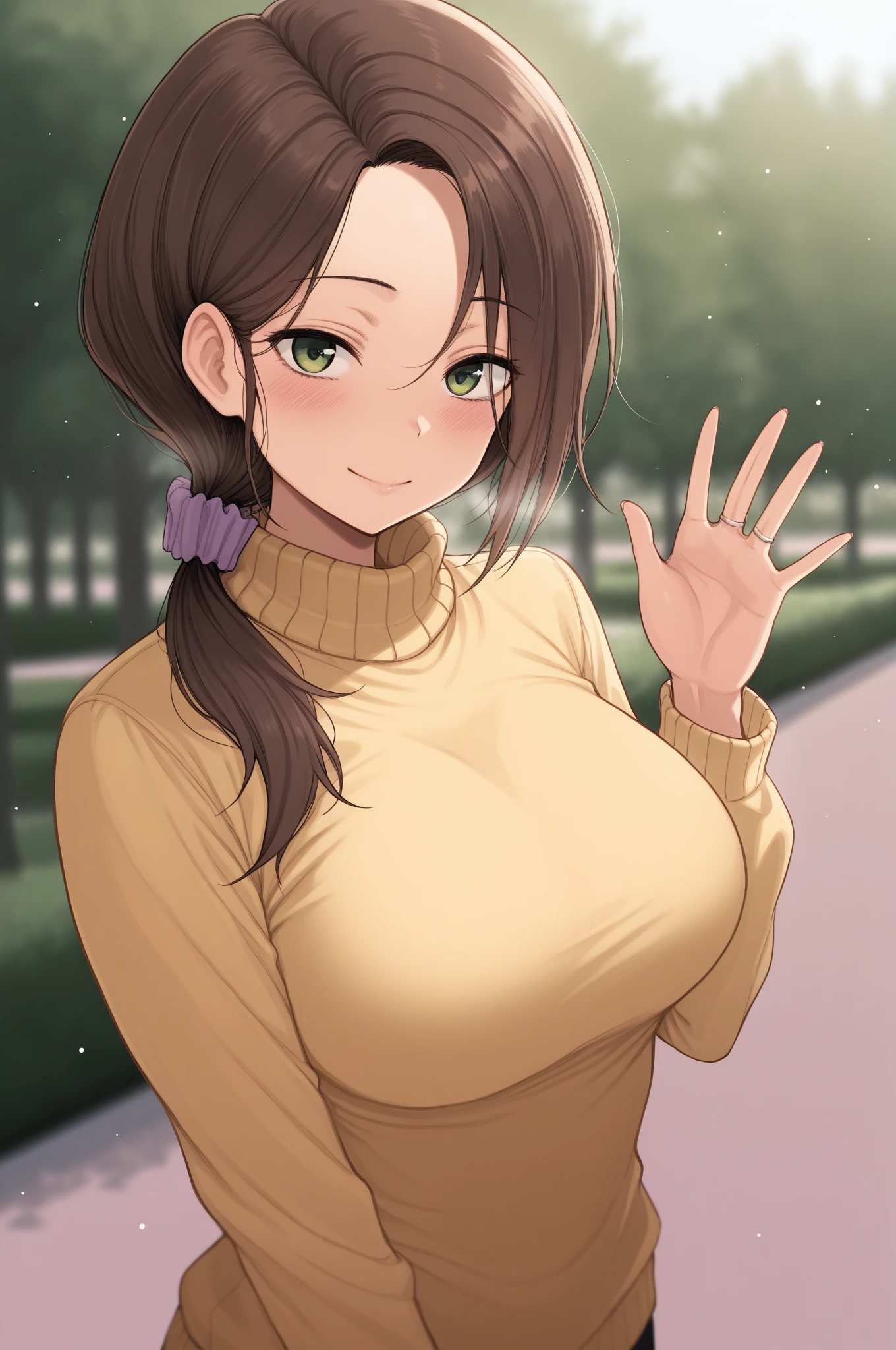 masterpiece,best quality,amazing quality,womanmri, brown hair, low ponytail, hair scrunchie, green eyes,outdoors,park,depth of field,blurry background,light particles,yellow turtleneck sweater,looking at viewer,waving,wedding ring,