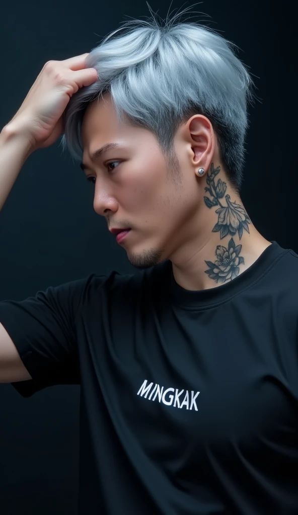 jojo, 38-year-old male, Masterpiece, best quality best, Asian man, East Asian people, one person, 8k, high detail, high detail, detail eyes, hyper realistic, (photorealism:1.2), Black hair with gray Sporadic, HD picture. a handsome Thai man. white hair slightly bluish. wearing black clothes. there is a flower tattoo on her neck. is bowing his head with many styles. displays "MINGKAK" on his clothes. divine dark and smoky thin background. detailed and clear creation. blue light font. illustration,