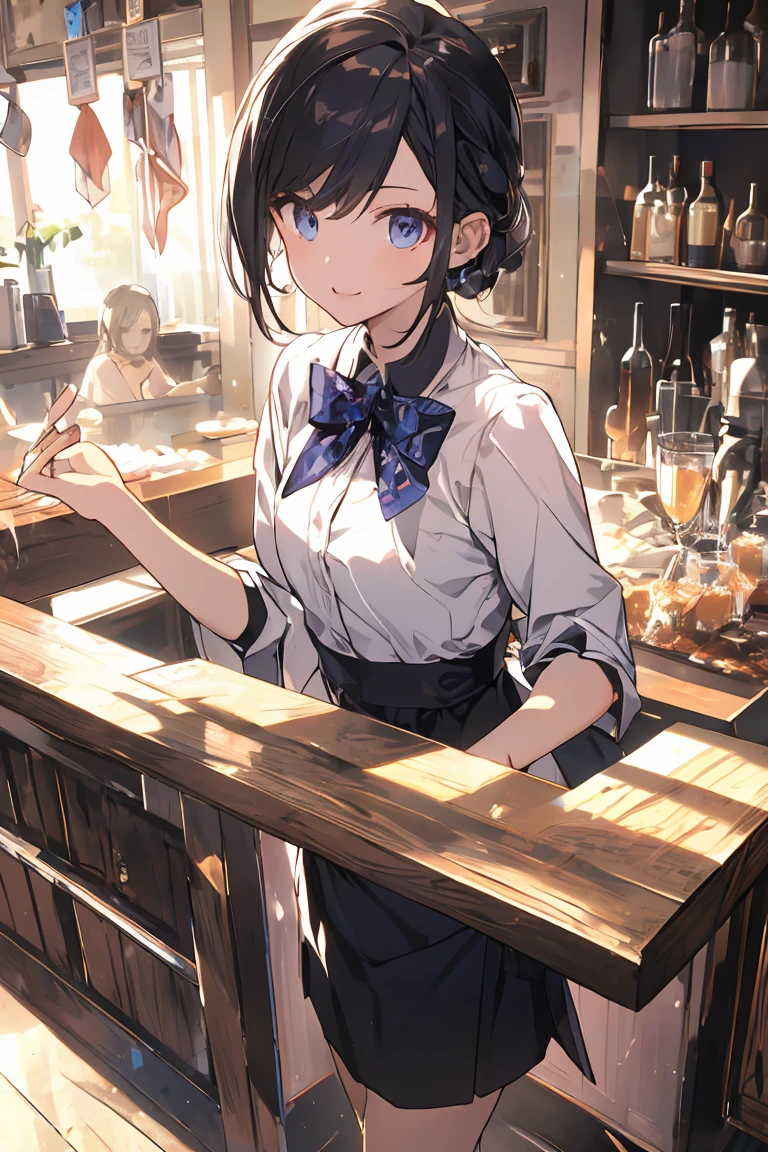 (masuter piece、Best Quality、Detailed、8K, 4K, Illustration、hight resolution、Detailed beautiful eyes:1.2)、cowboy  shot、foco nítido、Evening glow、beauitful face、Sharp pupils、Modern Cafe、18 year old beautiful girl、A slender、shinny skin、bob cuts、Beautiful dark purple hair、Purple eyes、inside in room、Apron Dresses、Maid costume、knee sox、I can see the white panties、Have a tray、The tray contains drinks and cakes