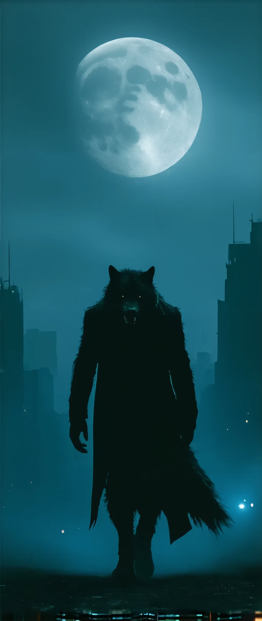 (masterpiece,  High Quality ,  high definition ,  Golden Ratio ,  movie lighting, 8k, Yuge ), full body, front view, front angle, (((A very big full moon high in the sky))),of(((Late Night,Wolf Guy wandering around the city ))), ((Shining Eyes)), (( wide open mouth)), (( sharp fangs)), ((Dripping Saliva )), (( black suit)), Novelist KAZUMASA _HIRAI taste