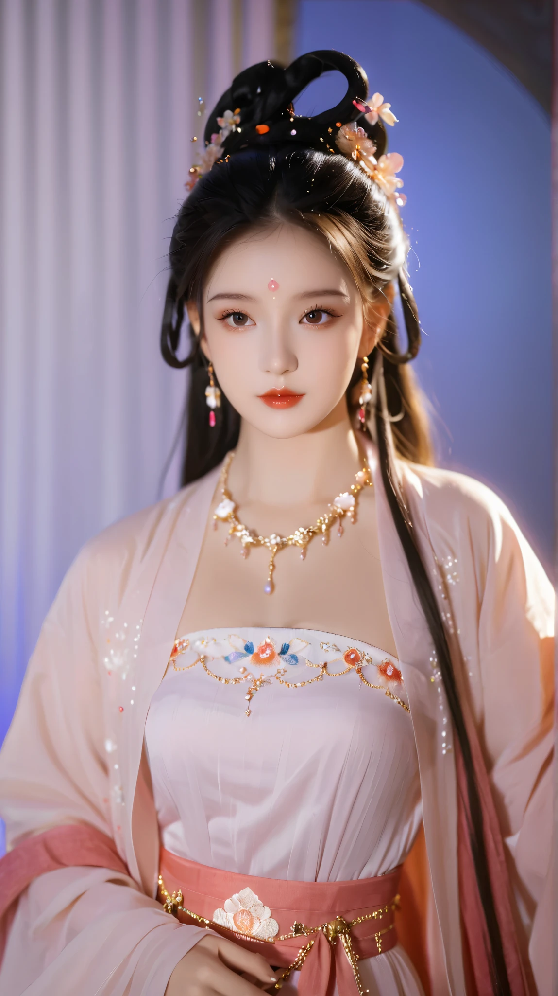  are of the best quality, masterpiece,  high resolution,  1 girl,pink Chinese robe, Hair accessories, necklace, Jewelry,  pretty face ,  body,  Tyndell effect, Practical, Shadow Studio, Edge lighting, Bicolor Light , ( high detail skin: 1.2), 8K UHD, SLR camera, Soft Light,  in high quality , Volumetric Light, , photo,  high resolution, 4K, 8K,  background blur,