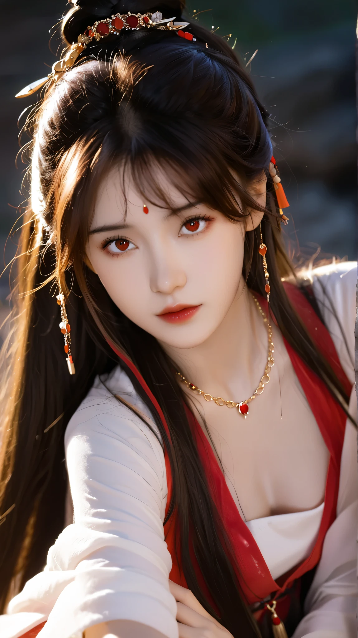  are of the best quality, Detailed , Chromatic Aberration,  1 girl,  long hair,  dark haired,  messy hair,  Red highlights ,  Cover the hair of one eye ,  Brown Eyes ,  sharp eyes , necklace,, , armband,  Please put your hands behind your back , arm,  Red