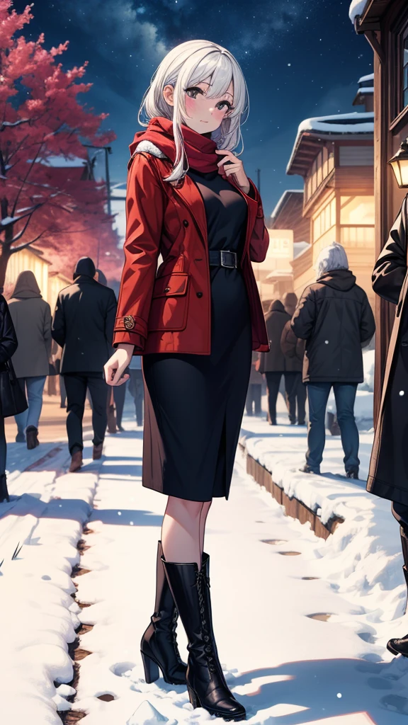 ((masterpiece, best quality:1.3, high detail)), beautiful woman, looking at viewer, long hair, (white hair), full-face blush, solo focus, one person, (red coat, white blouse, red scarf, (long black skirt)), pencil skirt, boots, outdoors, (night sky, snow), (lower body), (realistic), (realism), (ultra detailed), park, tree, view from side, 