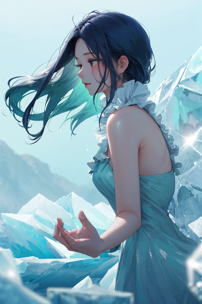  １ beautiful girl、From the side、 skin texture、shoulder、  mist dress 、Frills、cool、 Soft、 SPARKLING REFLECTION 、 natural ice blue super long hair、 Mist and Fusion 、GREEN - DARK MIST 、Hand hold ice 、Blurred background、 blurry background、 warm light、HD