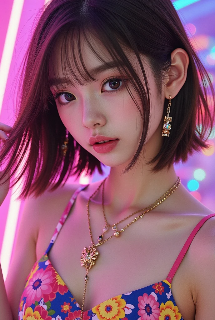 Portrait of a beautiful Japanese woman ,  Stylish Closeup ,  brown hair on one woman, unkempt bob cut hair on board , Brilliant surreal color :1.331,  Sketchy Style :1.331,  high definition,  Digital Artwork ,  vibrant minidress,  Necklaces ,  earrings, 
