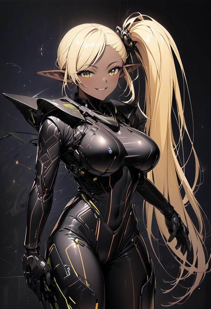 ( top quality、 detailed images、Beautiful images、 official images )、((Near future、Dark night sky))、( model body type、Blonde、 asymmetrical bangs、 side ponytail hair 、short pointed ears 、 Big Breasts 、 brown skin)、(Smile a little)、( black cyber bodysuit、 black cyber boots 、black cyber gloves )、( cowboy shot)