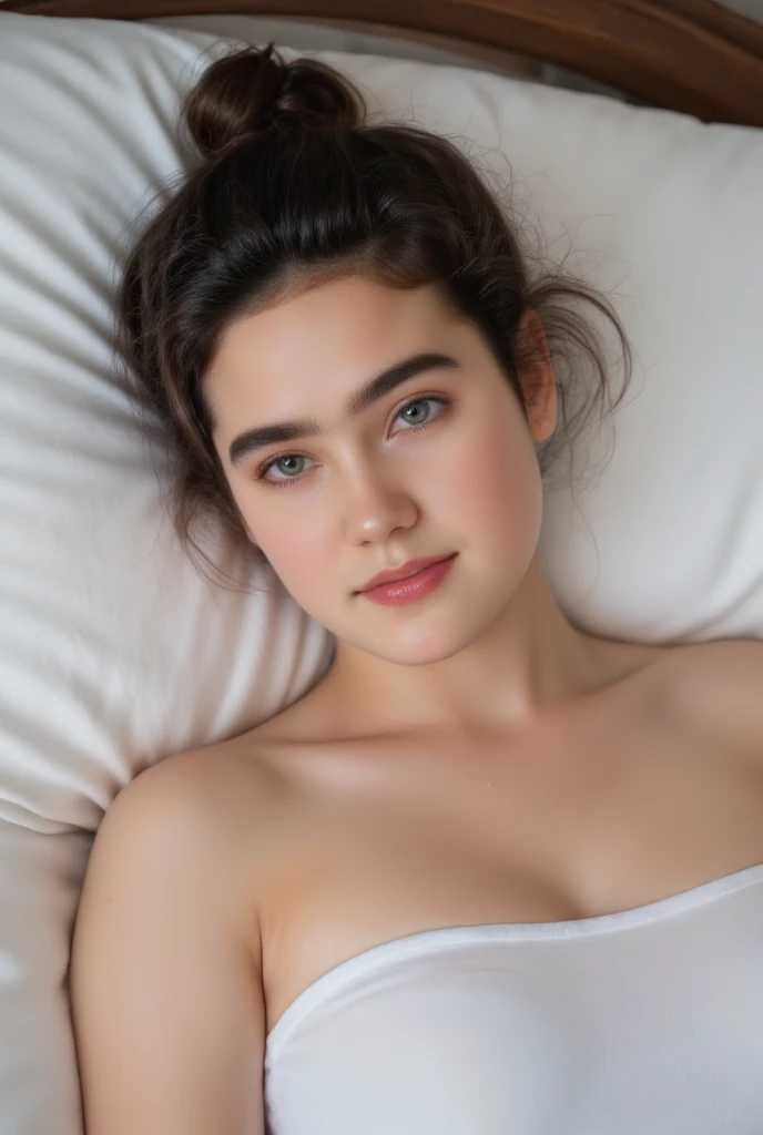 1girl, alone,
(from the top of her head to her upper chest),
(young Jennifer Connelly at age 15),
she wear in white tube top bikini., 
precociously large blreasts,
beautiful deep cleavage,
broad wide shoulders as like athlete, 
(she has a cute face with plump cheeks.),
scooped nose arched high with a turned-up tip,
no make up,
flawless healthy youthful fresh succulent fine smooth glistening fair pale skin,
a bit wet shiny short dark hair,
she smiles subtly with her mouth slightly opened.,
she lays on her back flat on the bed.,

(Browse:-2), Face correction///Put on some clothes, (Faithfully reproduce image details1.37), (１Beautiful woman), , (Best quality calibration:1.21), 32K resolution, (Practical:1.21), (超Practical:1.21), High resolution UHD, (masterpiece:1.21), (Quality Improvement:1.21), (Very nice facial details), (Perfect Anatomy:1.21), Physically Based Rendering, Ray Tracing, (Highest quality real texture skin:1.21), (Symmetrical and detailed eyes:1.21), Delicate eyelashes_eyebrow, (Clear focus), Professional movie lighting,  Browse:-2,