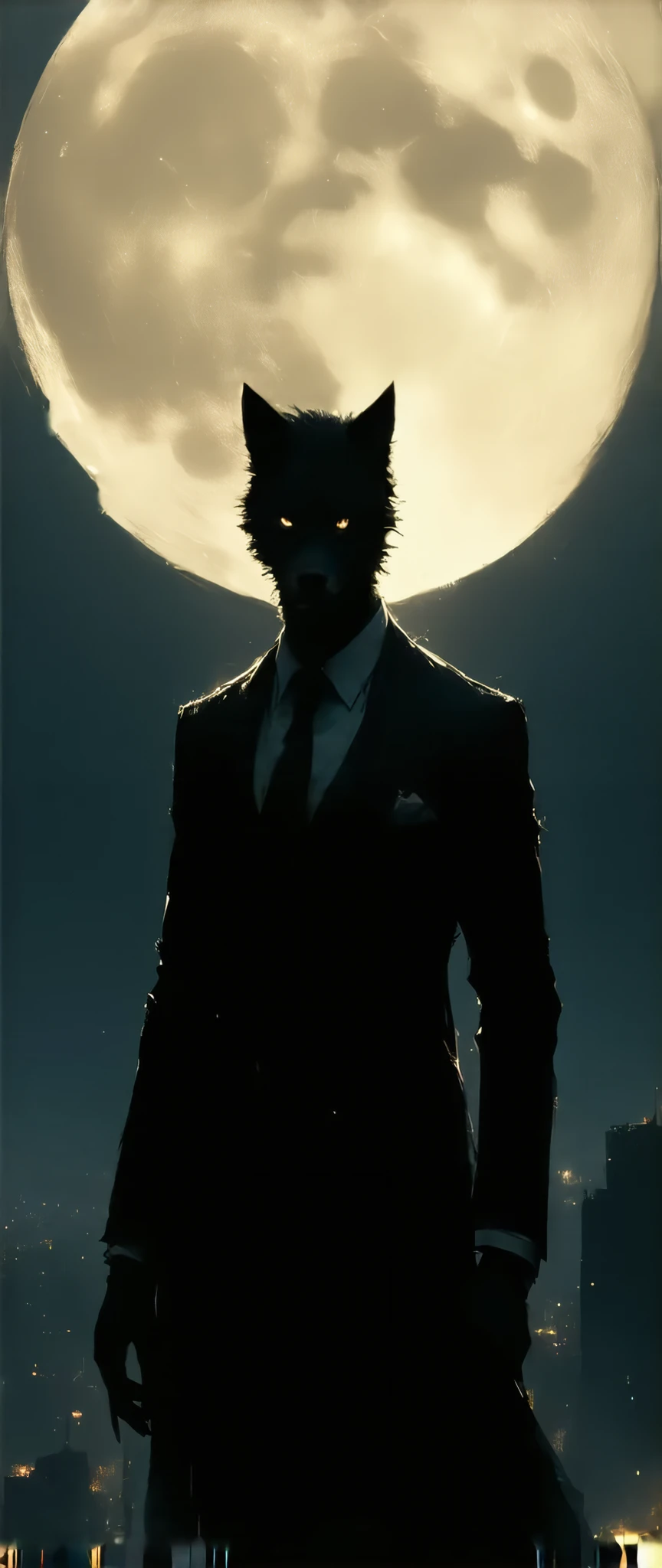 (masterpiece,  High Quality ,  high definition ,  Golden Ratio ,  movie lighting, 8k, Yuge ), full body, front view, front angle, (((A very big full moon high in the sky))),of(((Late Night,Wolf Guy wandering around the city ))), ((Shining Eyes)), (( wide open mouth)), (( sharp fangs)), ((Dripping Saliva )), (( black suit)), Novelist KAZUMASA _HIRAI taste