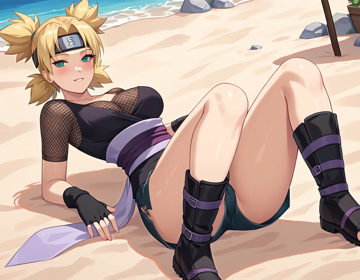 score_9, BREAK rating_explicit, best quality, masterpiece, uncensored, 1girl, sand village, nsfw, asthetic background, BREAK tmri, blonde hair, short hair, teal eyes, forehead protector, black shirt, fishnet top, purple sash, black skirt, fishnet shorts, black gloves, fingerless gloves, black boots, toeless footwear, seductive face, shiny body, seductive pose, nipples,
