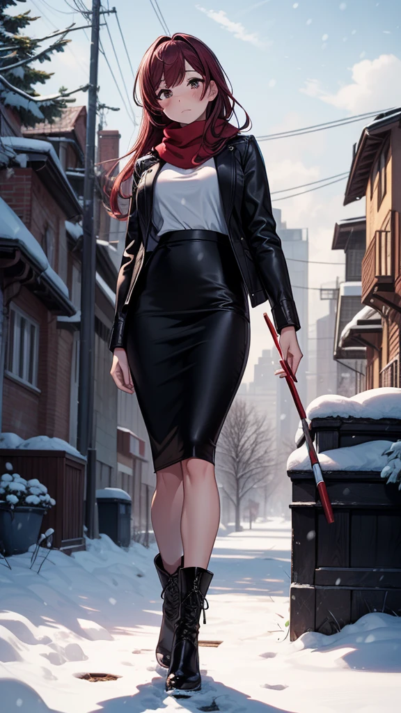 ((masterpiece, best quality:1.3, high detail)), beautiful woman, looking at viewer, long hair, (maroon hair), full-face blush, solo focus, one person, (brown jacket, white blouse, red scarf, (long black pencil ((skirt))), long pencil skirt, boots, outdoors, (cloudy sky, snow), (lower body), (realistic), (realism), (ultra detailed), park, tree,