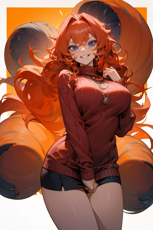 fox woman, wears a maid outfit showing black panties with red bows, has long messy shaggy blonde hair, has red-orange eyes, has a big breast, has fox ears and fox tail.