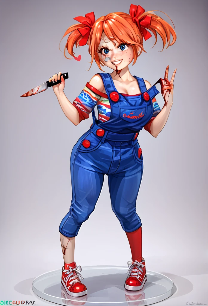  solo, masterpiece, best quality, (anime art style:1.0), big Butt, Breast Implants - XL, score_9, score_8_up, score_7_up, score_6_up, score_5_up,  fem chucky, 1girl, solo, twin tails, blue eyes, thigh-highs, overalls, orange hair, freckles, stitches, curvy, holding knife, blood, cute girl, red sneakers