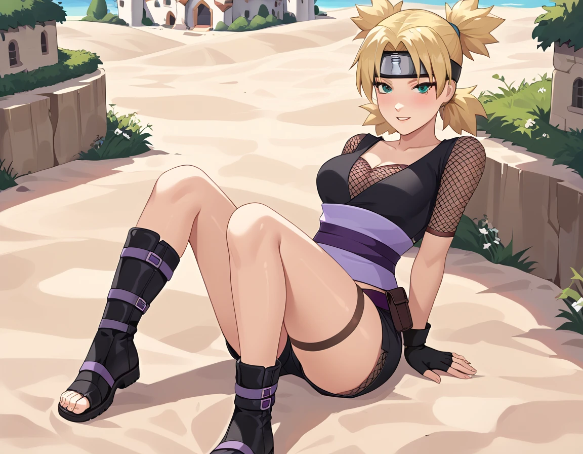 score_9, BREAK rating_explicit, best quality, masterpiece, uncensored, 1girl, sand village, nsfw, asthetic background, BREAK tmri, blonde hair, short hair, teal eyes, forehead protector, black shirt, fishnet top, purple sash, black skirt, fishnet shorts, black gloves, fingerless gloves, black boots, toeless footwear, seductive face, shiny body, seductive pose, 
