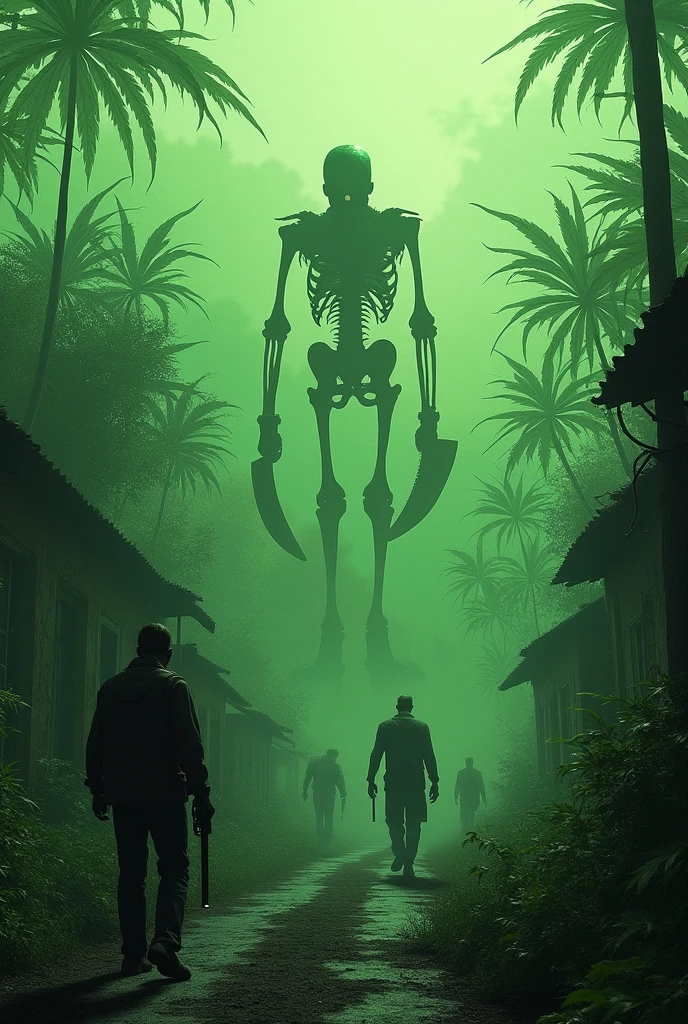 realistic. foto real. ultra detallado. create an images of the incredible encounter female backpackers had with a giant skeleton in the rain forest wilderness