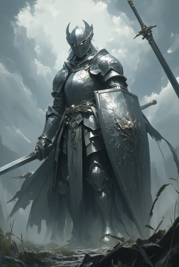 Envision a noble knight dressed in full shimmering silver armor, emerging from a thick, swirling mist on an ancient battlefield. The armor catches what little light pierces the fog, creating a striking contrast against the surrounding gloom. Each piece of plate is inscribed with celestial motifs and depictions of legendary beasts. (Beneath his polished helm, only the glint of wary eyes is visible, capturing a lifetime of resilience and unyielding spirit.) His formidable shield, engraved with the emblem of a forgotten kingdom, reflects faint ghostly apparitions that wander the field. The knight's sword, thin but strong, hums with magic and is known to pierce the veil between realms. (Around him, the air crackles with a sense of untapped power, fed by the echoes of battles long past.) This setting encapsulates the knight as a stalwart guardian against the creeping dread and whispers of ages-old malevolence, steeped in a story where light continually battles shadow.