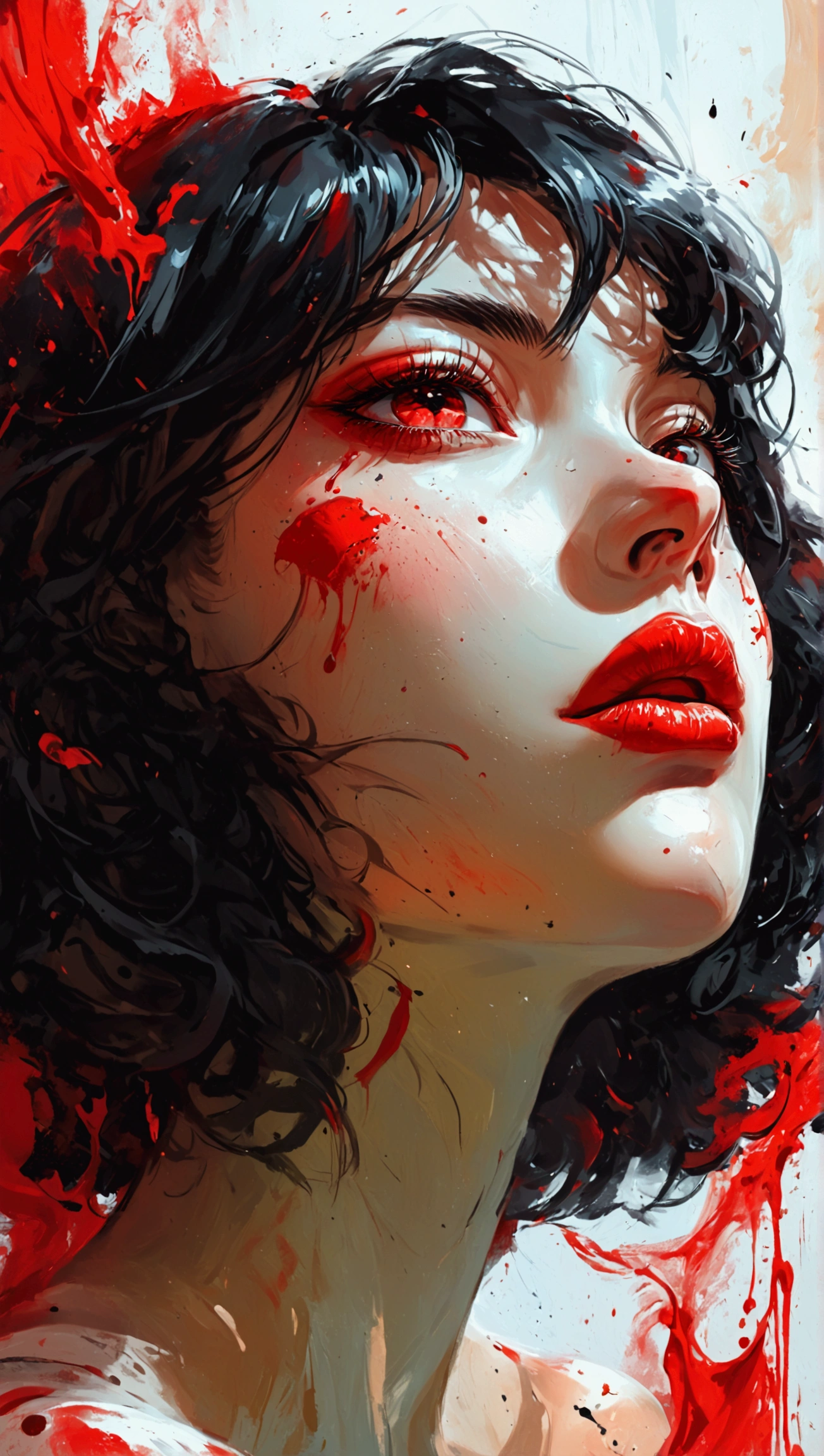  a painting of a woman with red paint on her face,   expressive and beautiful painting  , Art by Alessandro Pautasso,  Colors black and white and red , Abstract Portrait, Sensual Painting,  colors black white and red , in red paint,  beautiful artwork , Raymond Swanland style, expressive digital painting , ,  dramatic artwork , Sensual digital painting, an expressive digital painting 