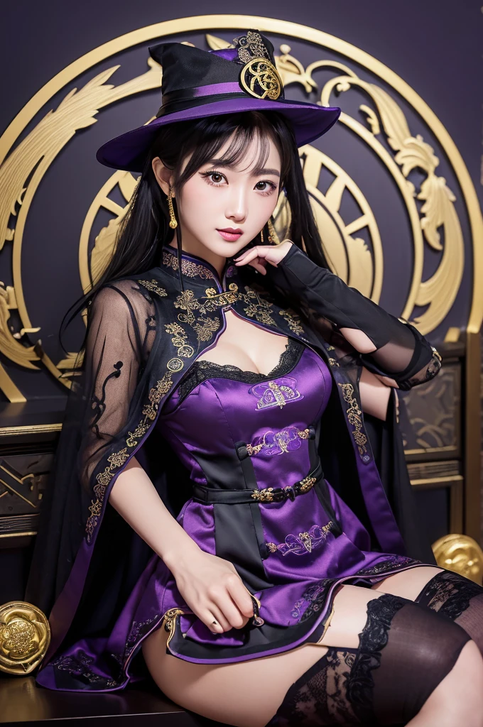 (short purple qipao-style dress with black lace accents:1.3),
(black cape with a magical talisman embroidered in gold thread on the back, adding a mystical witch element:1.2),
black lace gloves, with delicate gold symbols,
(black lace stockings:1.2),
black platform boots with gold buckles,combining modern idol style with traditional Chinese footwear elements,
(adorable black witch hat adorned with a talisman charm,sitting slightly tilted like a mischievous touch:1.1),
(lantern accessory shaped like a Jiangshi talisman:1.1)