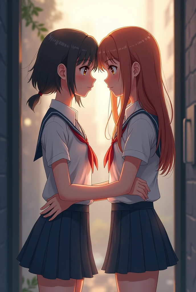 Two highschool girls holding hands, both wearing a highschool uniform (White blouse, a dark blue skirt reaching their knees, high rise white socks and black school shoes), sitting on a floral wooden swing while staring into the sunset. (Girl 1 has long black hair, black eyes, pale skin and a tall, slender figure, features.) (Girl 2 short ginger hair, green eyes, tanned skin and a small, slightly chubby figure, beautiful face, half American and half Mexican)